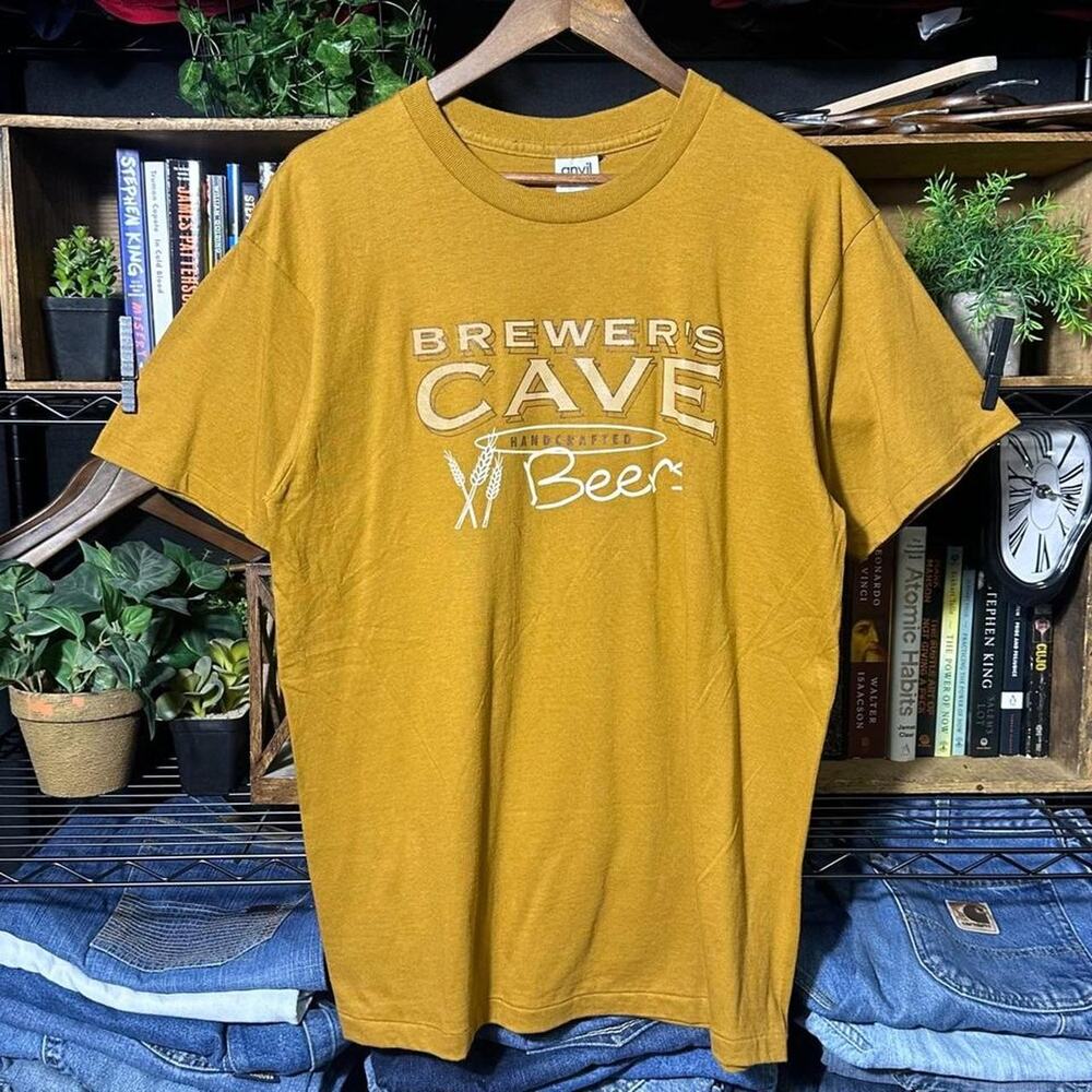 Vintage 90s Single Stitch Beer Cave Tee Brown Handcrafted Alcohol Shirt Large